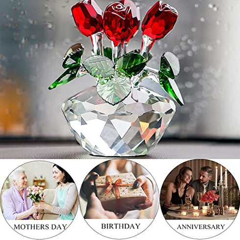 Red Rose Figurine Ornament Spring Bouquet Crystal Glass Flowers Gift-Boxed